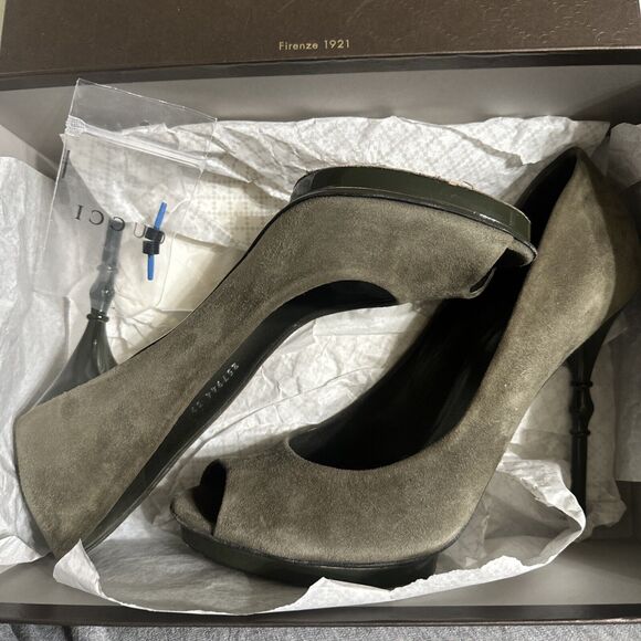 Authentic GUCCI Olive Green Suede Bamboo Stiletto Peep Toe Heel Shoe Size 39 EUC - Picture 8 of 16